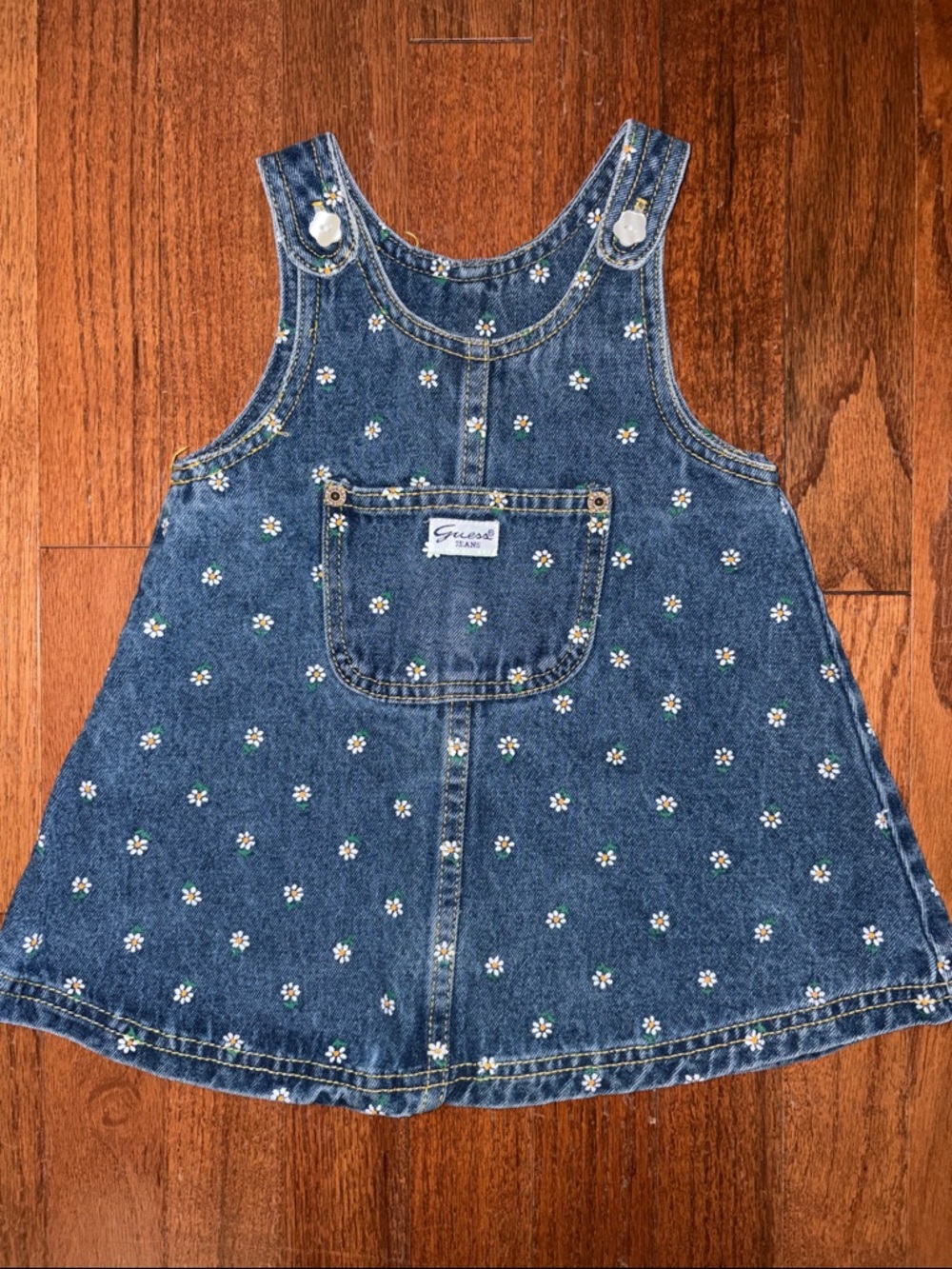 Rare Vintage 90’s Baby Guess Daisy Print Overall Denim Romper Dress 18 months